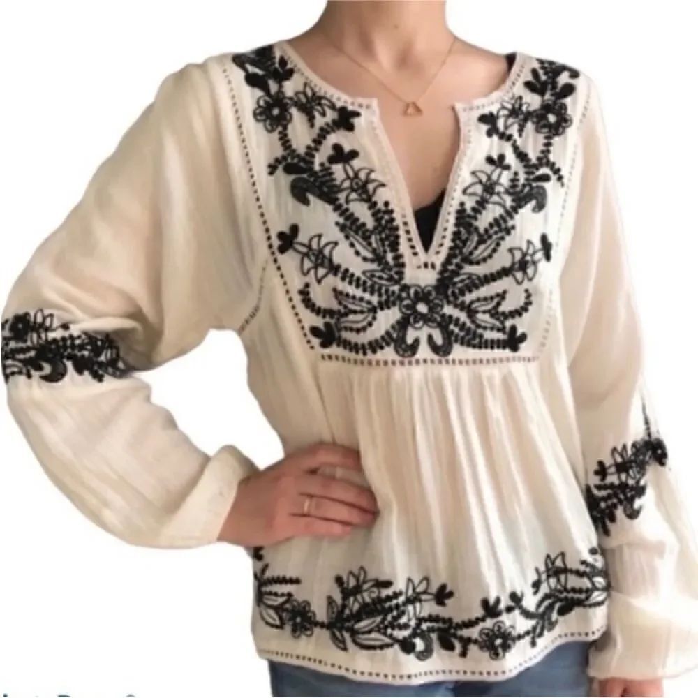 MISA Stella Ivory Black Embroidered Cotton Boho Gauze Blouse Top Women’s SIZE SM
